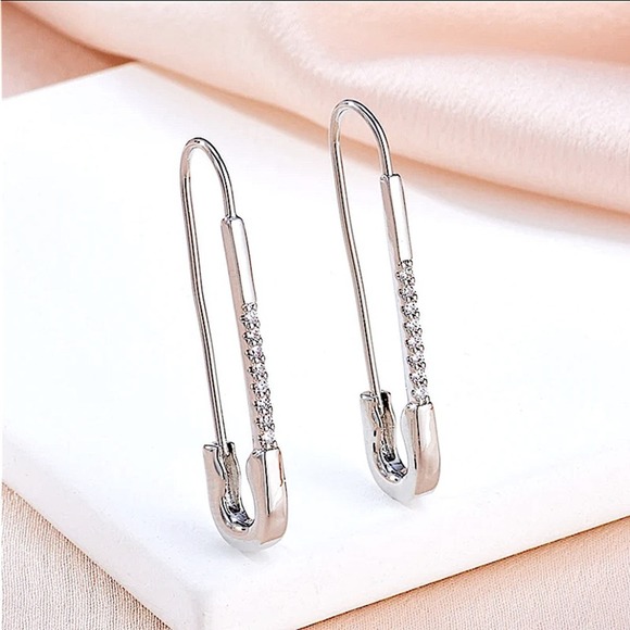 Silver Zircon Safety Pin Earrings, Minimalist, Punk, Gift For Teenager - Picture 5 of 9